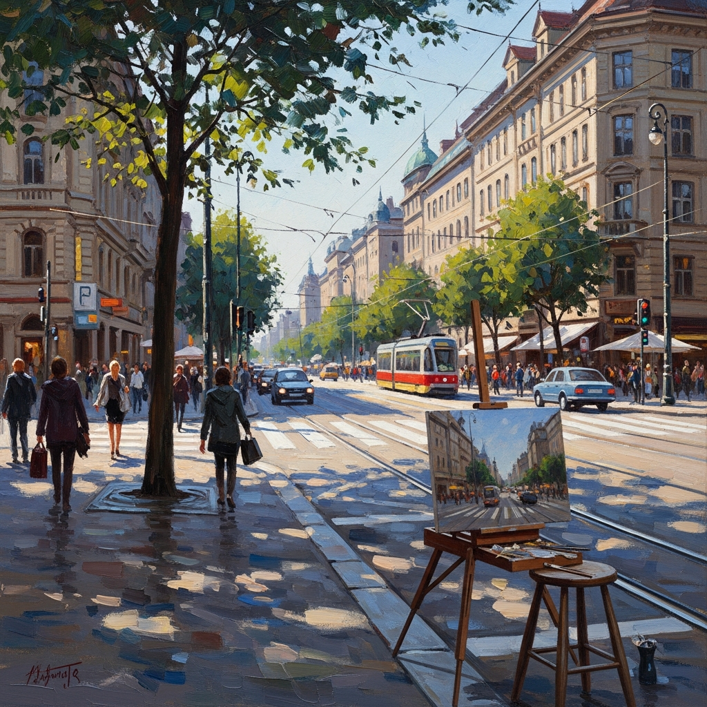 Paesaggio urbano dipinto con colori vivaci